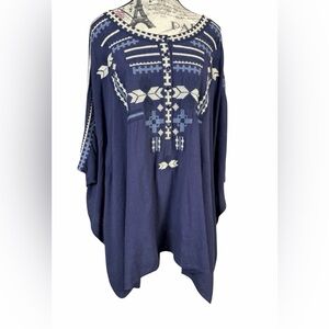 Monoreno Navy Boho Chic Tunic with Geometric Embroidery Linen Blend Size L